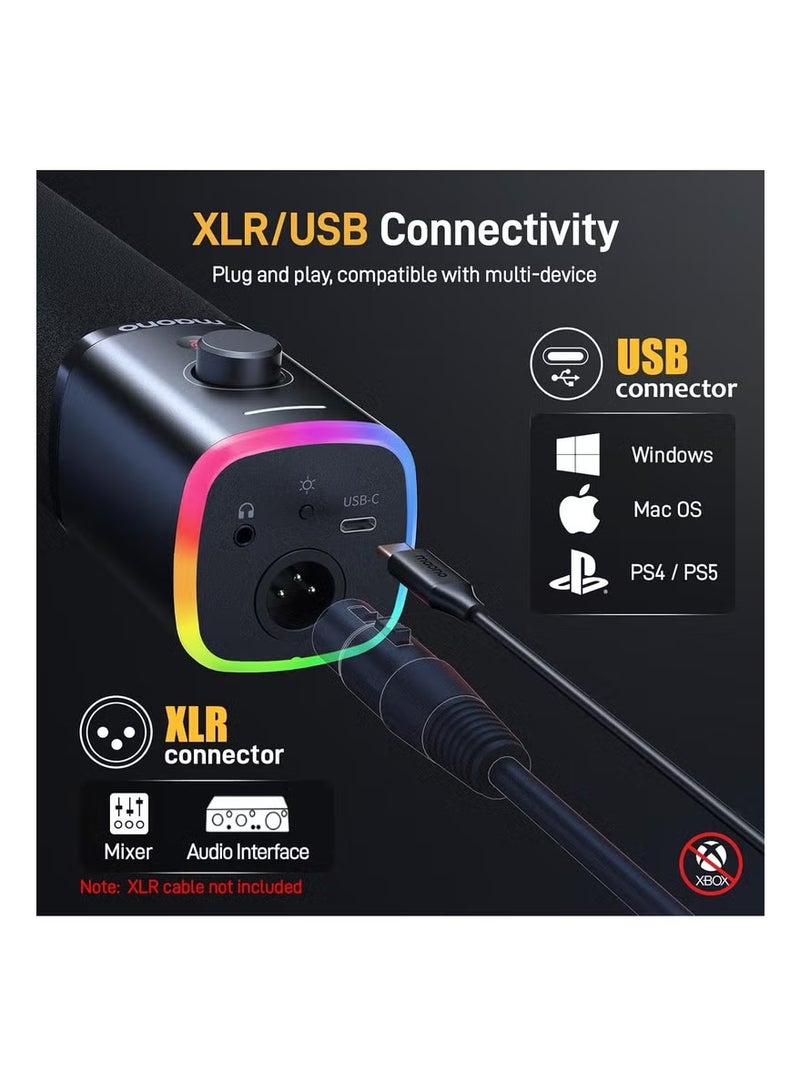 Maono PD100X RGB USB/XLR Dynamic Microphone, Cardioid Studio Mic with Mute Button, Headphone Monitoring, Gain Control & RGB Lighting, USB Recording & XLR Podcast Mic for Streaming, Gaming & Voiceover – Black - Image 2