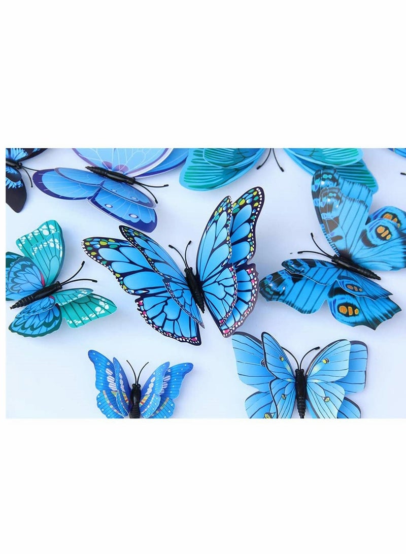 KASTWAVE ملصقات جدارية على شكل فراشات ثلاثية الأبعاد، ديكور فراشات قابلة للإزالة لمحاكاة فراشات للبنات ملصقات لغرفة الأطفال وديكور الجدران والفن الجدارية بأجنحة مزدوجة، 24 قطعة، زرقاء - Image 4