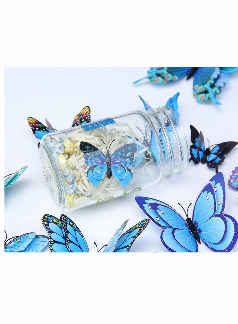 KASTWAVE ملصقات جدارية على شكل فراشات ثلاثية الأبعاد، ديكور فراشات قابلة للإزالة لمحاكاة فراشات للبنات ملصقات لغرفة الأطفال وديكور الجدران والفن الجدارية بأجنحة مزدوجة، 24 قطعة، زرقاء - Image 3