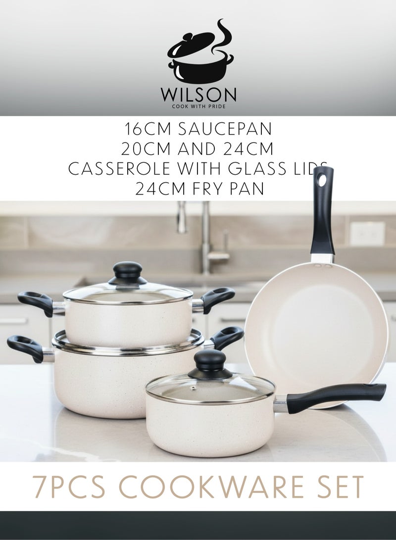ويلسون طقم أواني طهي ويلسون 7 قطع من الألمنيوم بطلاء رخامي غير لاصق – هيكل متين، مقابض مقاومة للحرارة، أغطية زجاجية مقسّاة – مثالي للطبخ الصحي – لون كريمي - Image 2