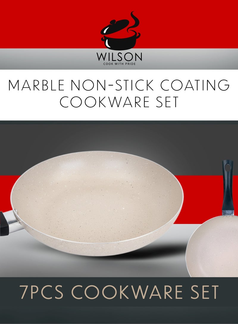 ويلسون طقم أواني طهي ويلسون 7 قطع من الألمنيوم بطلاء رخامي غير لاصق – هيكل متين، مقابض مقاومة للحرارة، أغطية زجاجية مقسّاة – مثالي للطبخ الصحي – لون كريمي - Image 3