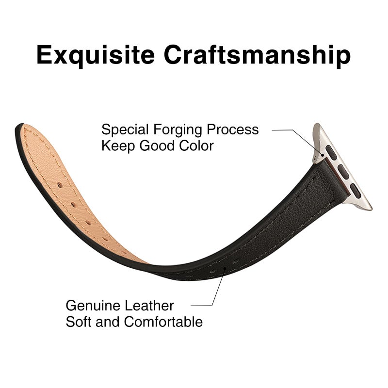 STIROLL Slim Leather Bands Compatible with Apple Watch Band 38mm 40mm 41mm 42mm(Series 11 10), Top Grain Leather Watch Thin Wristband for iWatch SE 9 8 7 6 5 4 3 2 1 (Black Starlight Silver) - Image 3