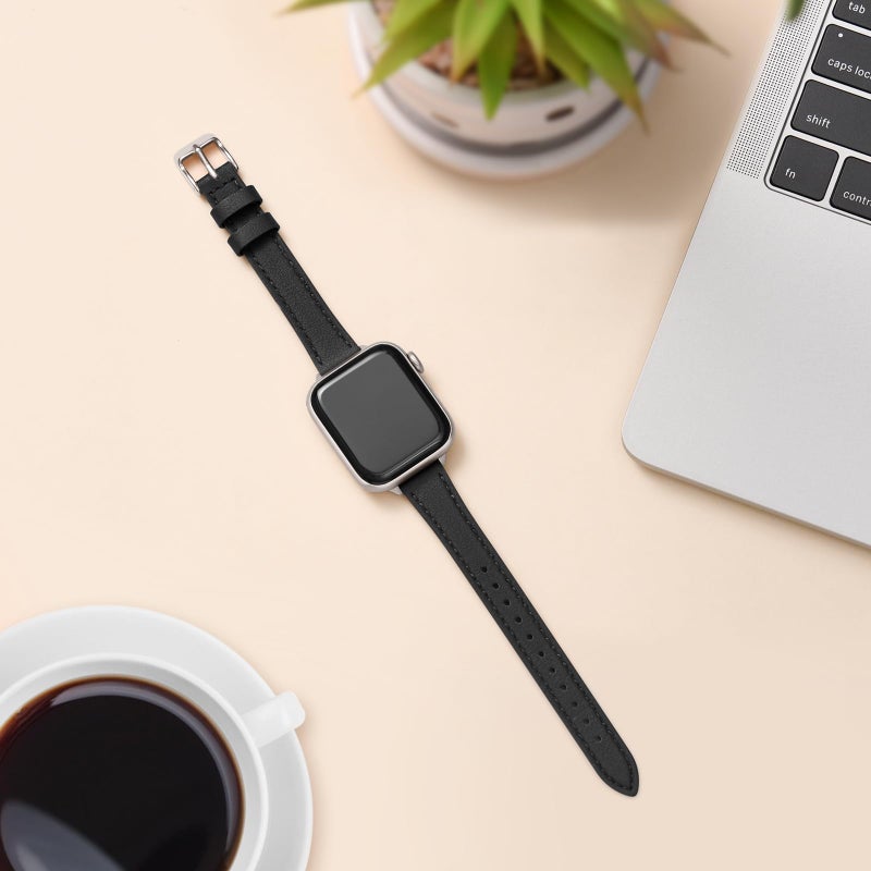 STIROLL Slim Leather Bands Compatible with Apple Watch Band 38mm 40mm 41mm 42mm(Series 11 10), Top Grain Leather Watch Thin Wristband for iWatch SE 9 8 7 6 5 4 3 2 1 (Black Starlight Silver) - Image 4