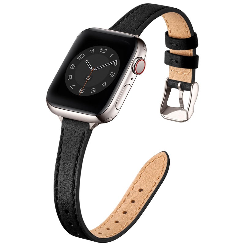 STIROLL Slim Leather Bands Compatible with Apple Watch Band 38mm 40mm 41mm 42mm(Series 11 10), Top Grain Leather Watch Thin Wristband for iWatch SE 9 8 7 6 5 4 3 2 1 (Black Starlight Silver) - Image 1