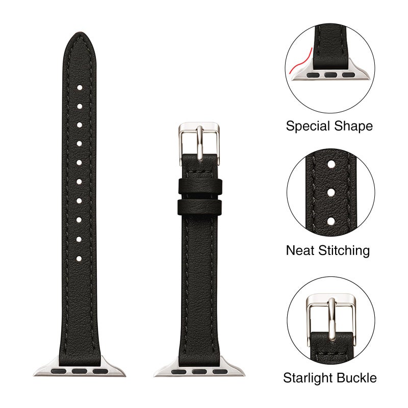 STIROLL Slim Leather Bands Compatible with Apple Watch Band 38mm 40mm 41mm 42mm(Series 11 10), Top Grain Leather Watch Thin Wristband for iWatch SE 9 8 7 6 5 4 3 2 1 (Black Starlight Silver) - Image 2