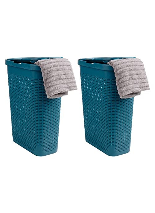 Mind Reader Mind Reader 40L Slim Laundry Hamper Clothes Basket Lid Wicker Design Plastic 18L x 104W x 235H Set of 2 Blue 