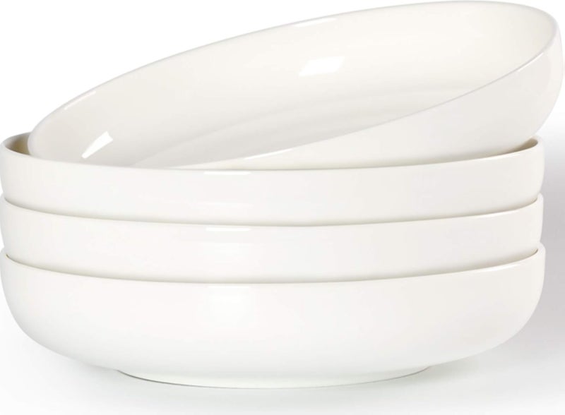 8.5 inch Pasta Bowls set of 4, 40 Ounces Shallow Salad Bowl Set, Off White Ceramic Pasta Serving Bowl Plates