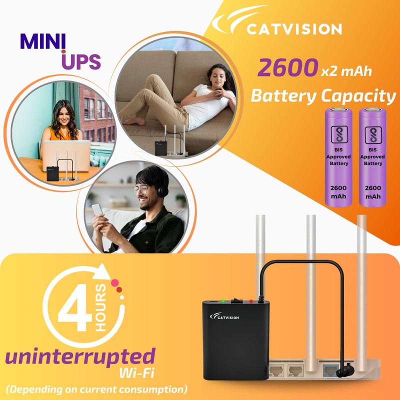 CTVISON UPS صغير لجهاز التوجيه Wi-Fi I 12V-2A I بطارية احتياطية 2x2600 مللي أمبير تصل إلى 4 ساعات | حماية من الزيادة والتفريغ I ضمان 12 شهر | UPS محمول | بطارية قابلة للاستبدال | معتمد من BIS - Image 2