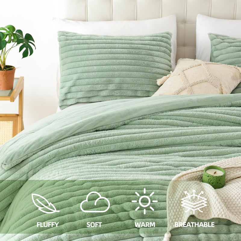 Smoofy Fluffy Queen Comforter Set 3 Pieces - Sage Green Fleece Fluffy Comforter Set, Luxury Fuzzy Queen Bedding Set, Soft Warm Bed Set All Season, Heavy Faux Fur Comforter with 2 Pillow Cases - Image 2