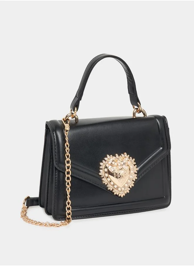 Styli Embellished Heart Accent Handbag with Chain Strap