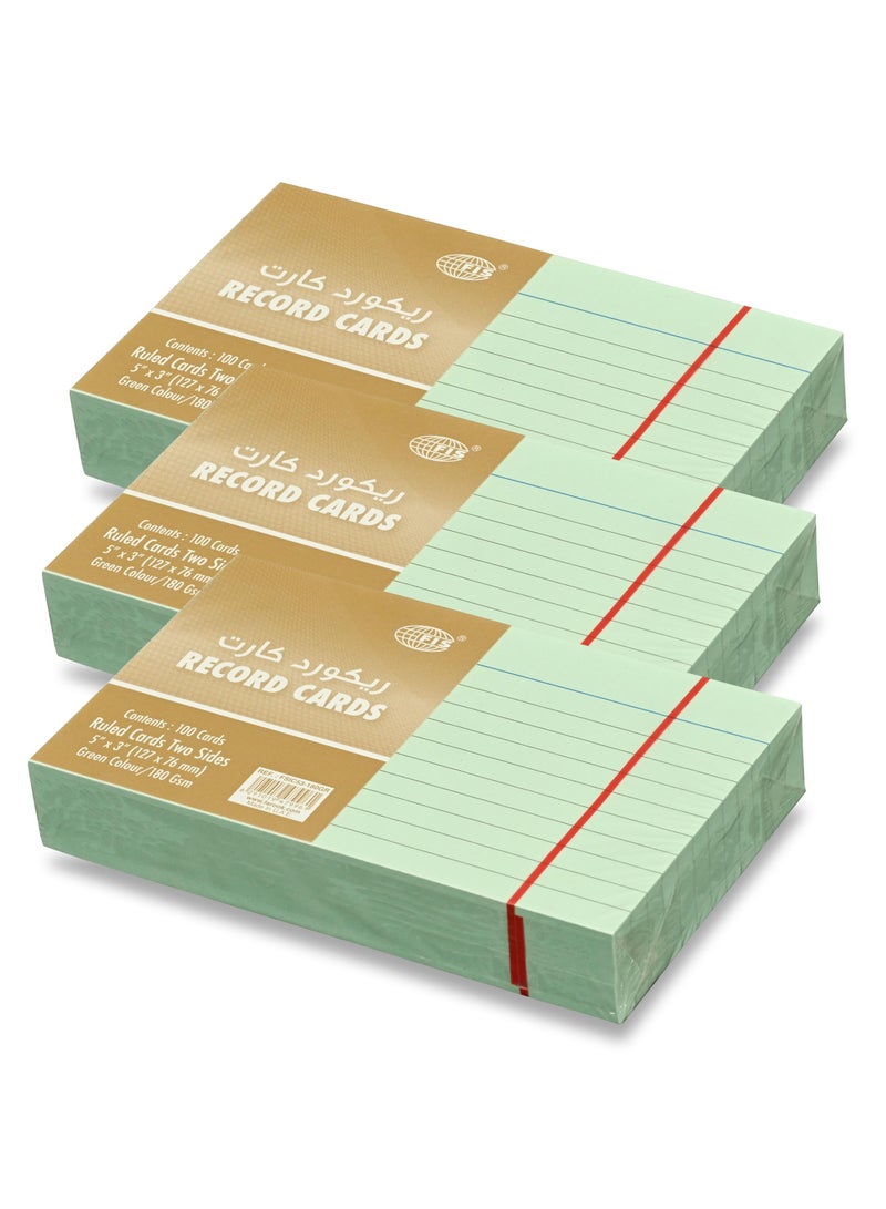 FIS® Ruled Record Cards or Index Cards, Size:5"x3" Inches (127x76mm), Two Sides Single Ruled, 180gsm, 100 Sheets Per Packet, Packet of 3 Pieces, Green Color-FSIC53-180GR-3 - Image 1