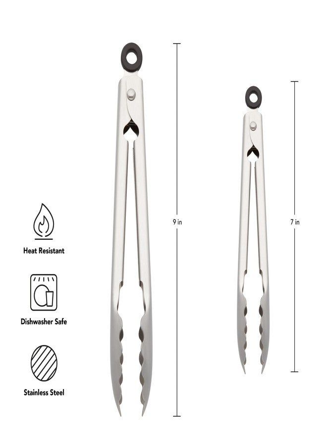 KitchenAid Set of 2 Stainless Steel Tongs with Scalloped Edges Easy Lock Dishwasher Safe Durable and Versatile 7 Inch and 9 Inch Silver - Image 2
