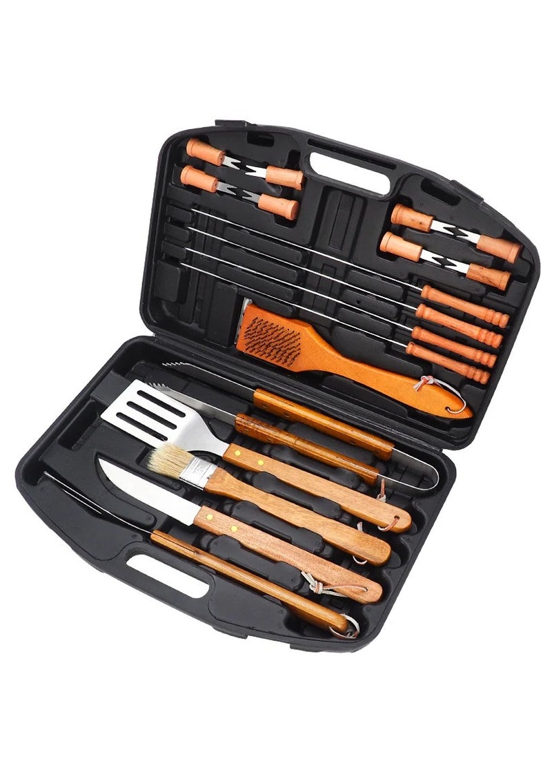 British Chef 18 Pcs BBQ Tool Set | Stainless Steel Grill Accessories Set | Wooden Handle | Tool Set with Knife, Tongs, Spatula, Forks, Basting Brush, Sticks, Turner and Kit Box| Heavy Duty Barbecue Utensils| BC321  - Image 1