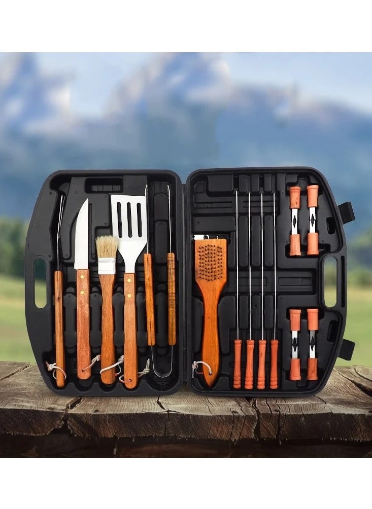 British Chef 18 Pcs BBQ Tool Set | Stainless Steel Grill Accessories Set | Wooden Handle | Tool Set with Knife, Tongs, Spatula, Forks, Basting Brush, Sticks, Turner and Kit Box| Heavy Duty Barbecue Utensils| BC321  - Image 2