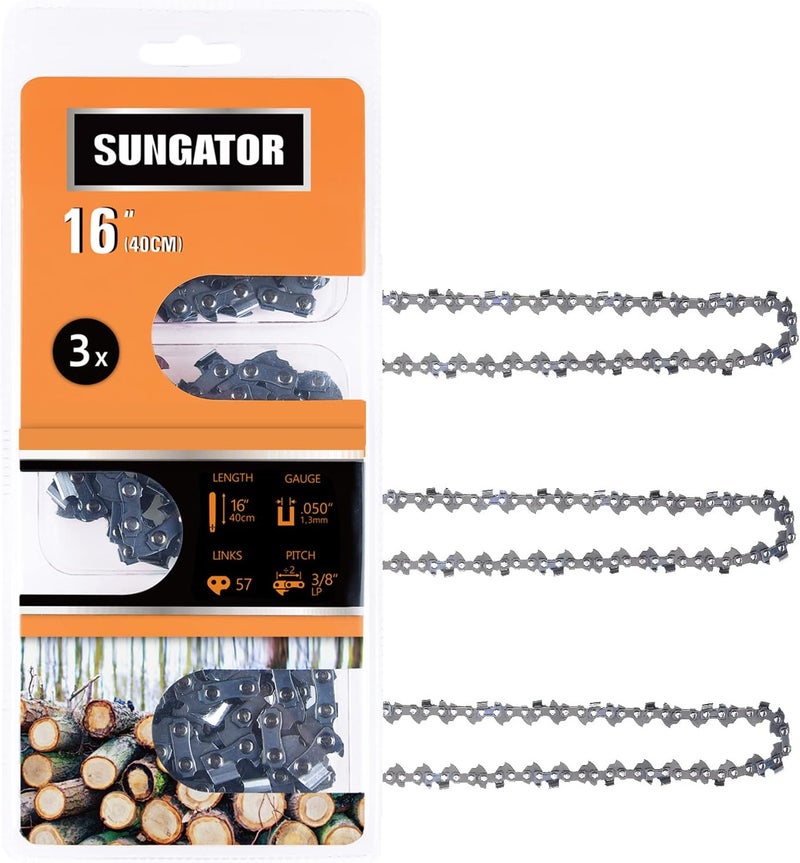 SUNGATOR 3-Pack 16-Inch Chainsaw Chain SG-S57, 3/8" LP Pitch - .050" Gauge - 57 Drive Links Compatible with Echo, Shindaiwa, Worx, Echo - Image 1