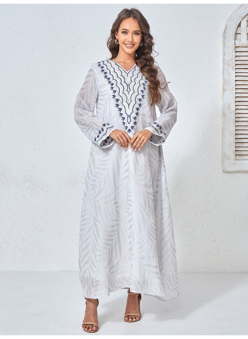 Kaiyuede Abaya Work Daily Light Grey Navy Geometric Embroidery Polyester Opaque Lined V-Neck Modest S-XL - Image 1