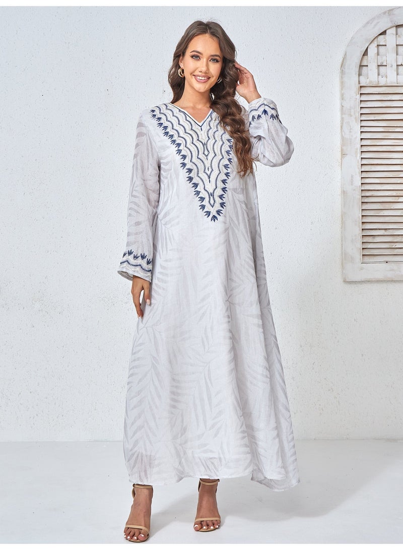 Kaiyuede Abaya Work Daily Light Grey Navy Geometric Embroidery Polyester Opaque Lined V-Neck Modest S-XL - Image 4