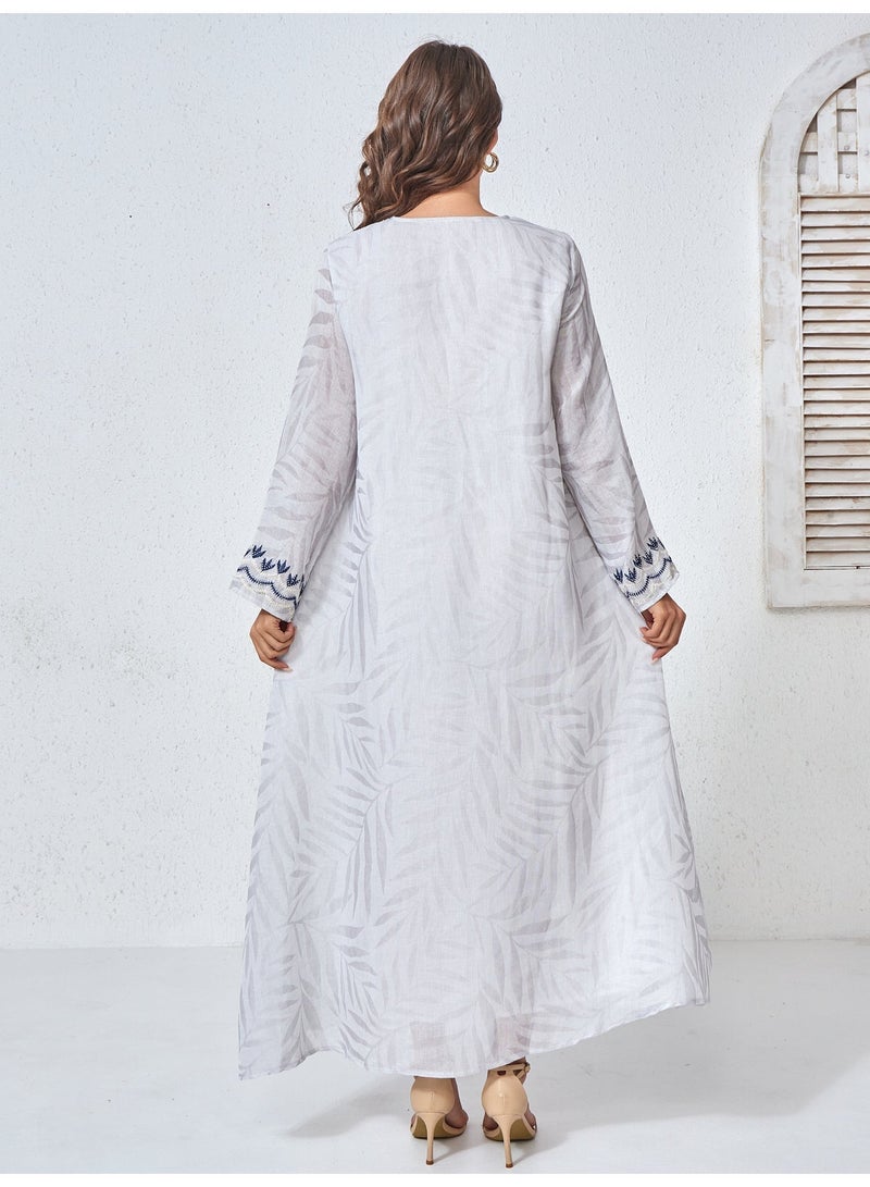 Kaiyuede Abaya Work Daily Light Grey Navy Geometric Embroidery Polyester Opaque Lined V-Neck Modest S-XL - Image 2
