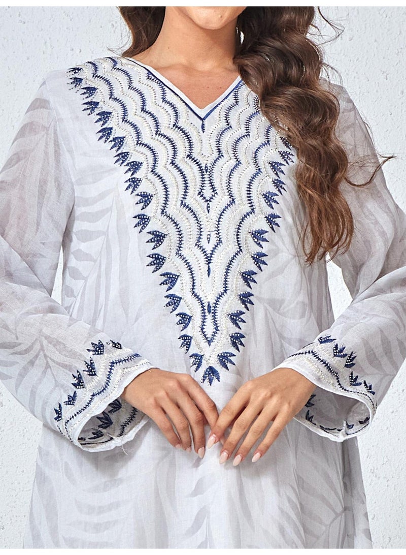 Kaiyuede Abaya Work Daily Light Grey Navy Geometric Embroidery Polyester Opaque Lined V-Neck Modest S-XL - Image 3