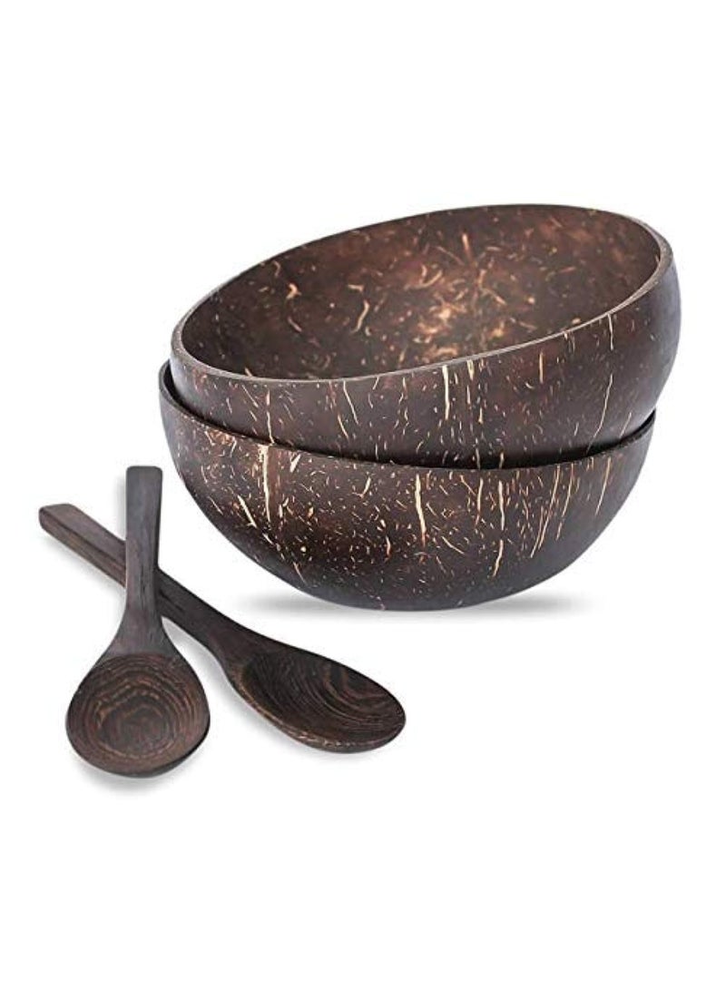 Natural Coconut Bowls and Spoons, Coconut Bowls Acai Smoothie Bowl Noodle Ramen Bowls (Set of 2 Bowls and 2 Spoons) - Image 1