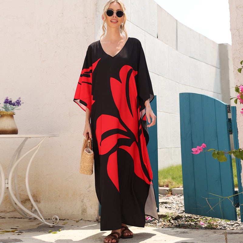 2 Color Cross-border New Printed Batwing Sleeve Robe Loose plus size Holiday Beach Dress Bikini Mallo 3907(3907-2, Free size) - Image 1