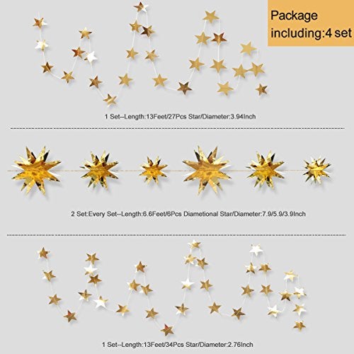pinkblume Gold Party Decorations Star Garlands Streamer Gold 3D Stars Metallic Paper Hanging Bunting Banner for Birthday Wedding Baby Bridal Shower Holiday Christmas Ramadan EID Mubarak Party Supplies - Image 2