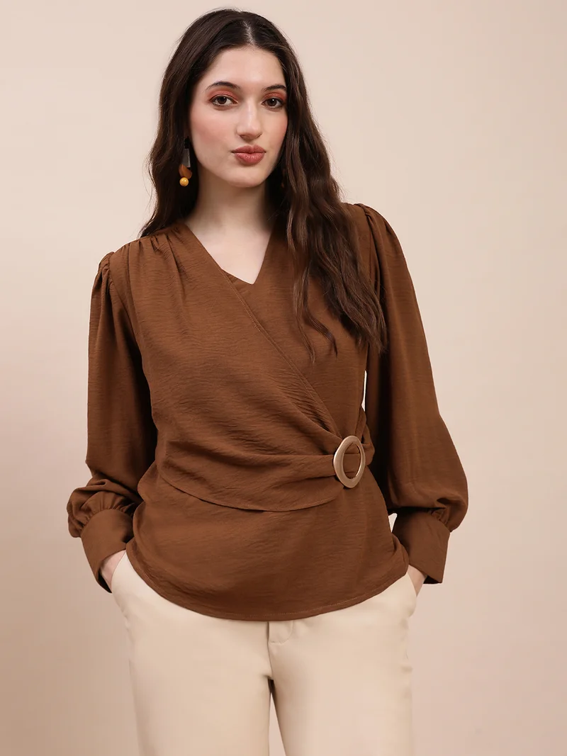 globus Globus Women Brown V-Neck Cuff Sleeves Self Design Buckle Detail Workwear Top