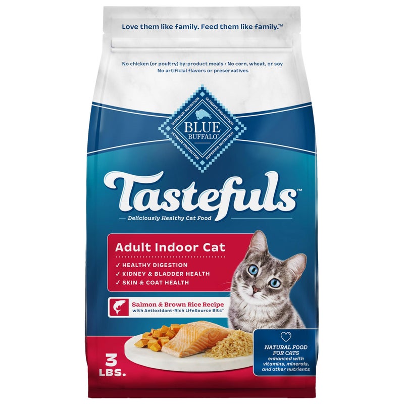 Blue Buffalo Tastefuls Natural Dry Food for Adult Indoor Cats, Salmon & Brown Rice Recipe, 3-lb. Resealable Bag - Image 1
