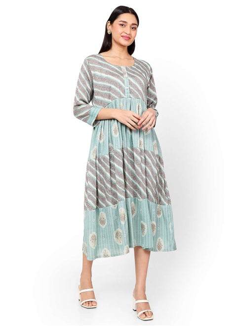 FLORAL AND STRIP PRINTED FRONT STYLED BUTTONED ARABIC KAFTAN JALABIYA DRESS