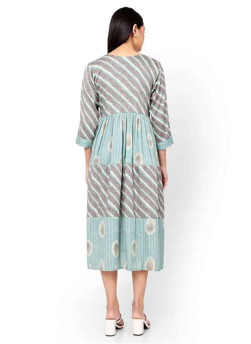 HANA & SARA FLORAL AND STRIP PRINTED FRONT STYLED BUTTONED ARABIC KAFTAN JALABIYA DRESS