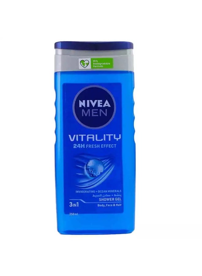 Nivea جل استحمام نيفيا للرجال فيتاليتي، تأثير انتعاش 24 ساعة للوجه والجسم والشعر - 250 مل - Image 1