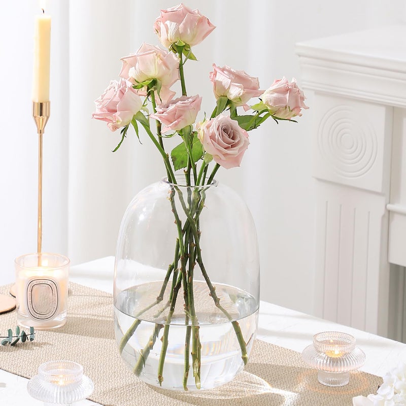 YANWE1 Large Glass Vase 10 Inches Tall Glass Vases Clear Glass Vase for Flower Modern Round Vases for Living Room Dining Table Mantle Shelf Wedding Office Entryway