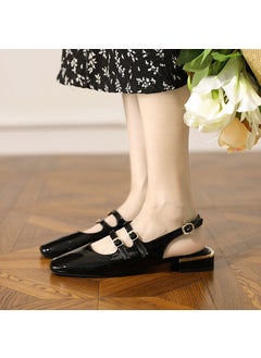 2024 Autumn New Vintage French Style Womens Pumps Square Head Rough Heel Back Space Double Row Buckle Mary Sandals Rubber Upper Black