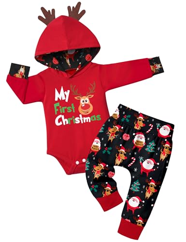 Fommy Baby Boy Christmas Outfit 912 Months My First Christmas Baby Boy Outfit Antlers Hoodie Santa Elk Christmas Tree Pattern Pants 2pcs Baby Gifts - Image 1