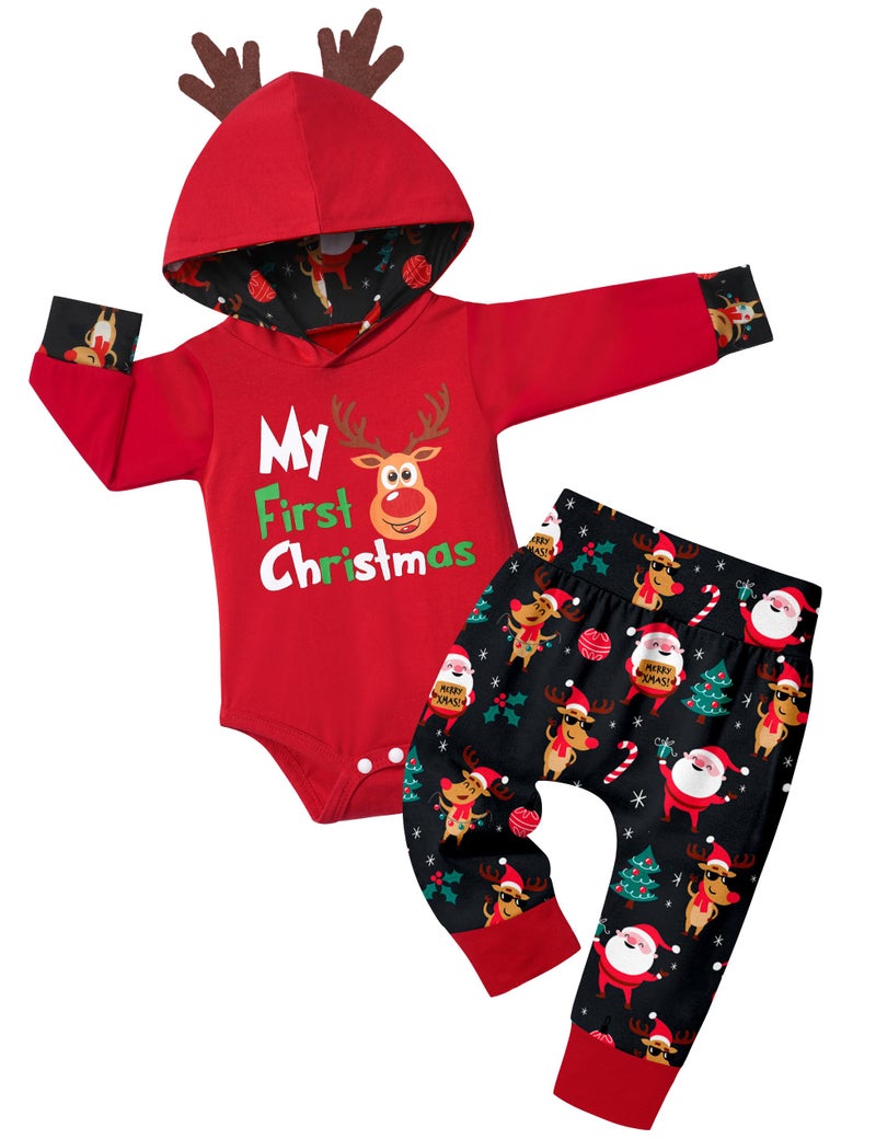 Fommy Baby Boy Christmas Outfit 912 Months My First Christmas Baby Boy Outfit Antlers Hoodie Santa Elk Christmas Tree Pattern Pants 2pcs Baby Gifts - Image 2
