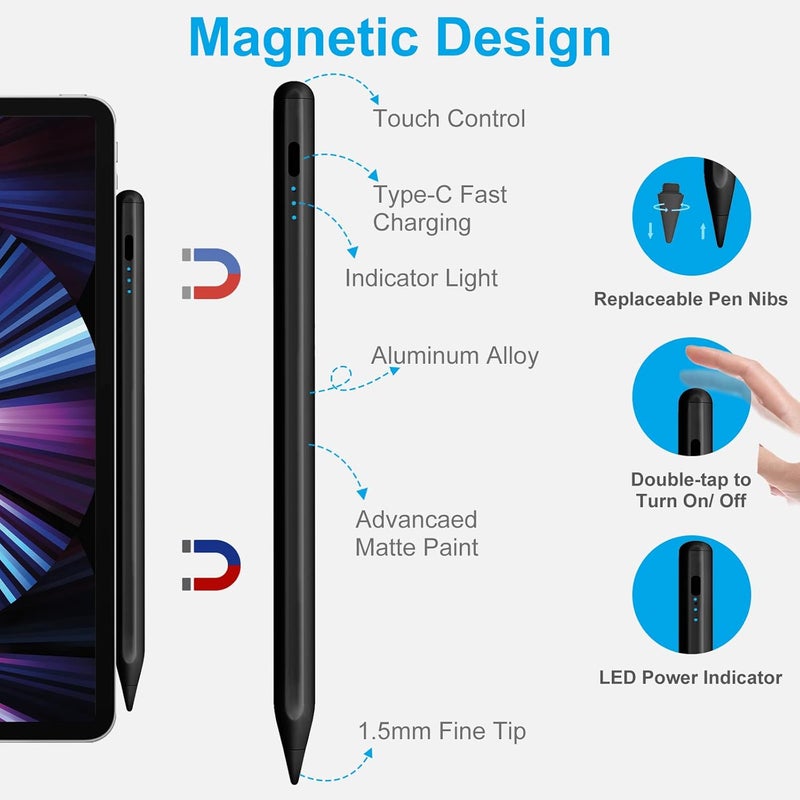 كيرون قلم لأجهزة Apple iPad 2025-2018، قلم ستايلس أسرع شحن مرتين ورفض راحة اليد لأجهزة iPad الجيل الحادي عشر/العاشر/التاسع-السادس، Air M2 M3 11"-13"/5/4/3، Pro M4 11"-13"/12.9"، Mini A17 Pro/6/5 مع وظيفة الإمالة - Image 5