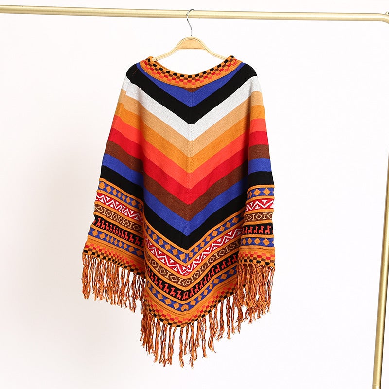 Ethnic Style Warm Shawl Xizang Qinghai Pullover Cape Tassel Shawl Knitted Vacation Autumn and Winter Coat Shawl Orange 