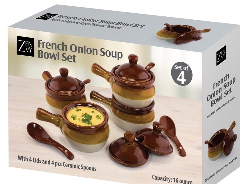 ZENVY French Onion Soup Bowl Set of 4 | Ceramic Soup Bowls, Lids, and Spoons | 16 Ounce - Image 1