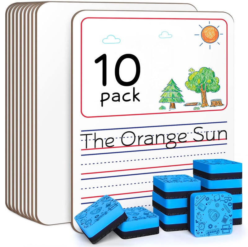 Scribbledo 10 Pack Double Sided Whiteboards 9â€x12â€ Story Lined Dry Erase Boards for Kids Writing Board Practice Drawing Small White Board Teacher Elementary Kindergarten Preschool + Erasers - Image 1