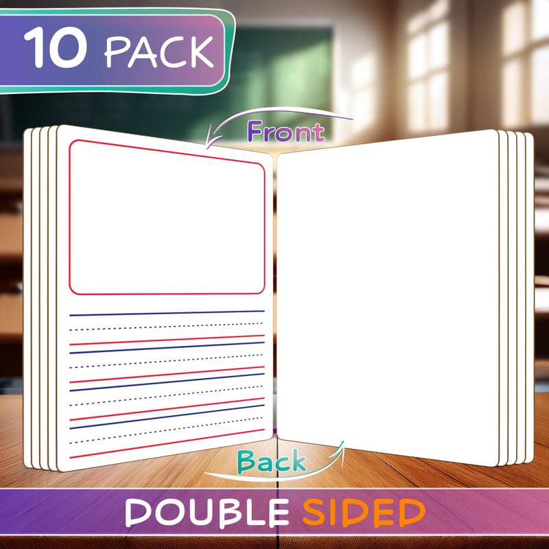Scribbledo 10 Pack Double Sided Whiteboards 9â€x12â€ Story Lined Dry Erase Boards for Kids Writing Board Practice Drawing Small White Board Teacher Elementary Kindergarten Preschool + Erasers - Image 2
