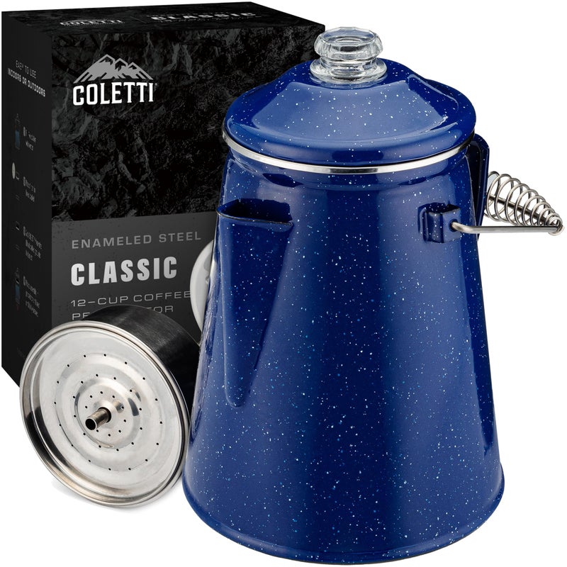 COLETTI COLETTI Classic Percolator Coffee Pot  The Most Nostalgic Camping Coffee Pot Now Modernized Blue Enamel 12 Cup