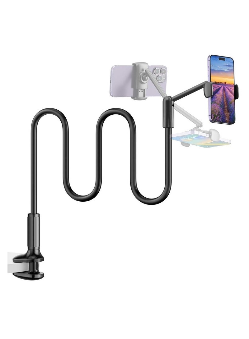 حامل هاتف على شكل عنق الإوزة للسرير، قضيب دعم يدور 360 درجة، حامل هاتف محمول قابل للتعديل بيد واحدة، ذراع طويل مرن، مشبك لوح أمامي، حامل هاتف محمول - Image 1