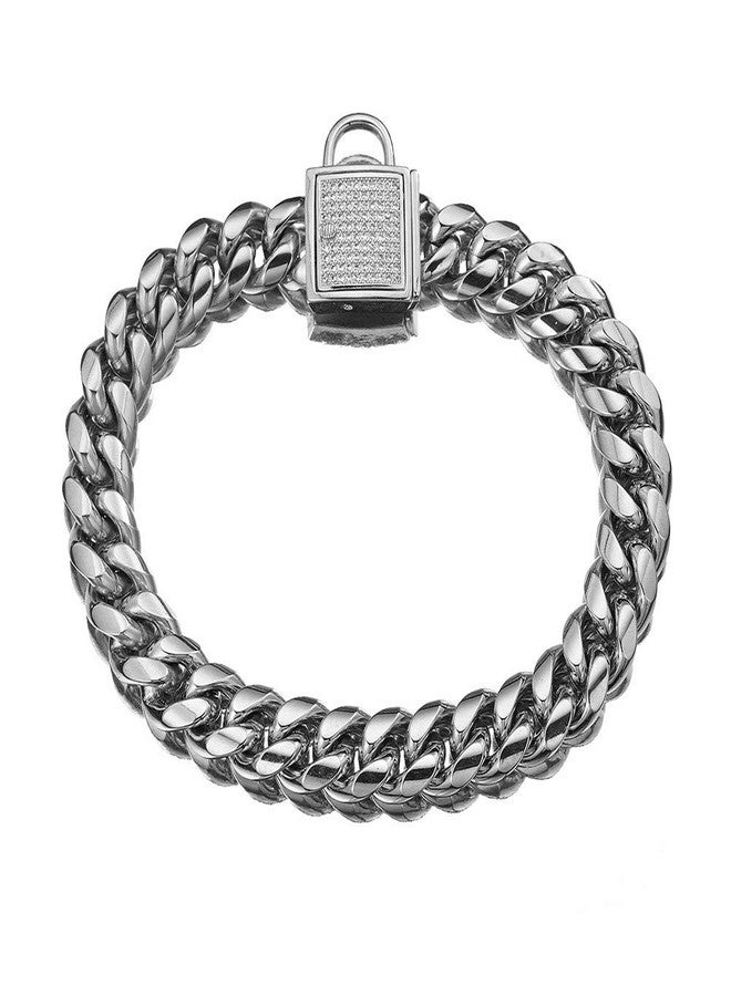 Aiyidi Pet Dog Collar, Top Stainless Steel Dog Chain Training Collar, 14mm Silver Tone Cuban Curb Chain Dog Collar, with White Zirconia Lock Dog Collars(14mm Silver,14inch) - Image 3