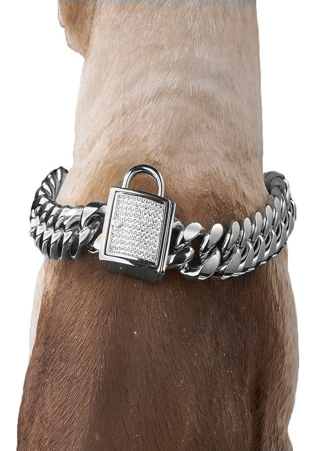 Aiyidi Pet Dog Collar, Top Stainless Steel Dog Chain Training Collar, 14mm Silver Tone Cuban Curb Chain Dog Collar, with White Zirconia Lock Dog Collars(14mm Silver,14inch) - Image 5