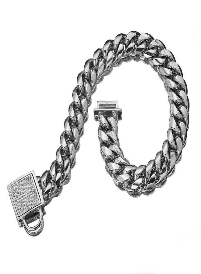 Aiyidi Pet Dog Collar, Top Stainless Steel Dog Chain Training Collar, 14mm Silver Tone Cuban Curb Chain Dog Collar, with White Zirconia Lock Dog Collars(14mm Silver,14inch) - Image 4