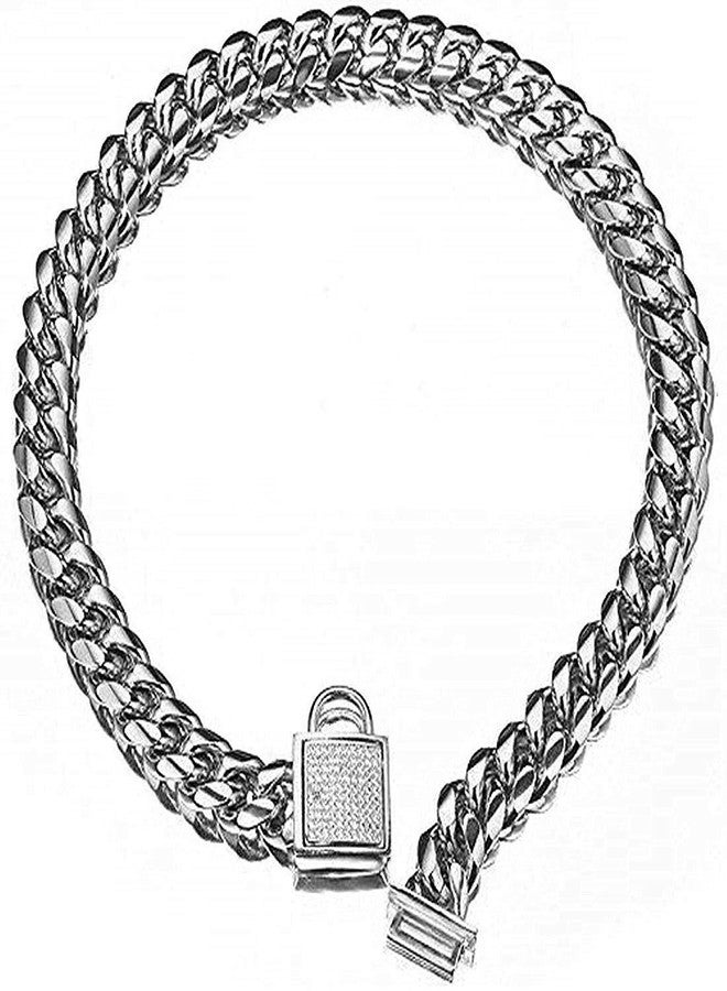 Aiyidi Pet Dog Collar, Top Stainless Steel Dog Chain Training Collar, 14mm Silver Tone Cuban Curb Chain Dog Collar, with White Zirconia Lock Dog Collars(14mm Silver,14inch) - Image 1