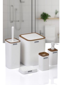 ‎okyanus Home Ocean Home Mina White Wooden Patterned Striped Square 5-Piece Bathroom Set  - Image 1