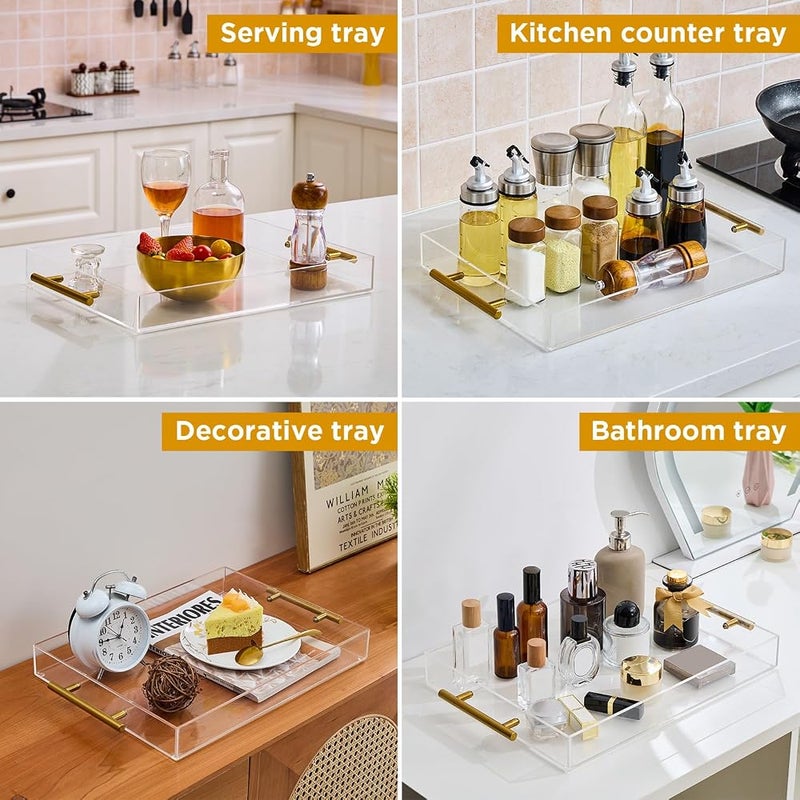Moonlit Pond 40cm x 30cm Clear Acrylic Serving Tray with Golden Handles, Decorative Trays Sturdy Huge Capacity Acrylic Tray for Kitchen and Desk Organizer, Storage Tray (40cm x 30cm x 5cm) - Image 5
