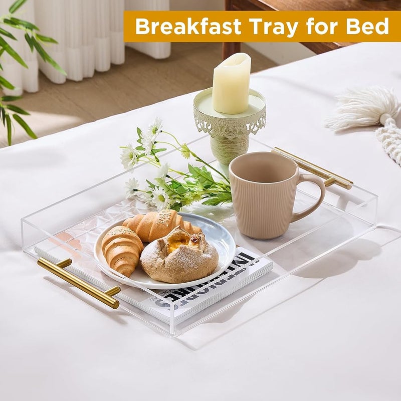 Moonlit Pond 40cm x 30cm Clear Acrylic Serving Tray with Golden Handles, Decorative Trays Sturdy Huge Capacity Acrylic Tray for Kitchen and Desk Organizer, Storage Tray (40cm x 30cm x 5cm) - Image 2