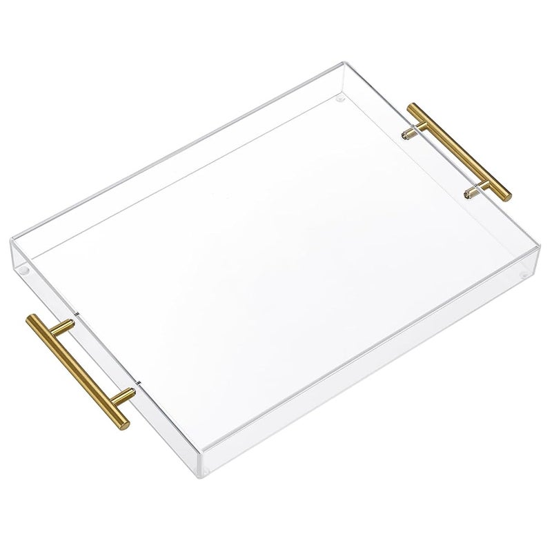 Moonlit Pond 40cm x 30cm Clear Acrylic Serving Tray with Golden Handles, Decorative Trays Sturdy Huge Capacity Acrylic Tray for Kitchen and Desk Organizer, Storage Tray (40cm x 30cm x 5cm) - Image 1